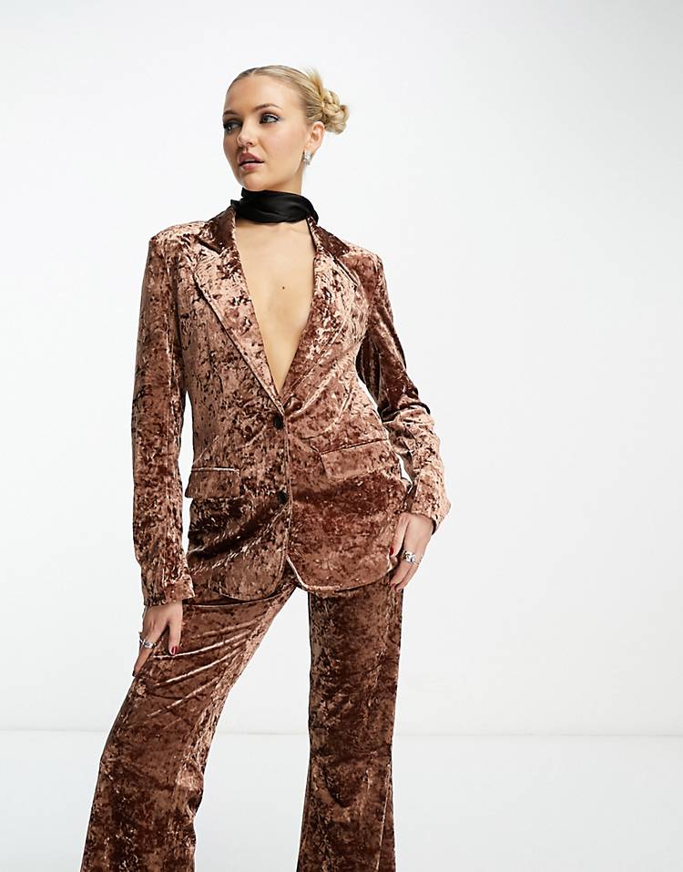 Noisy May crushed velvet blazer & flared pants set in brown